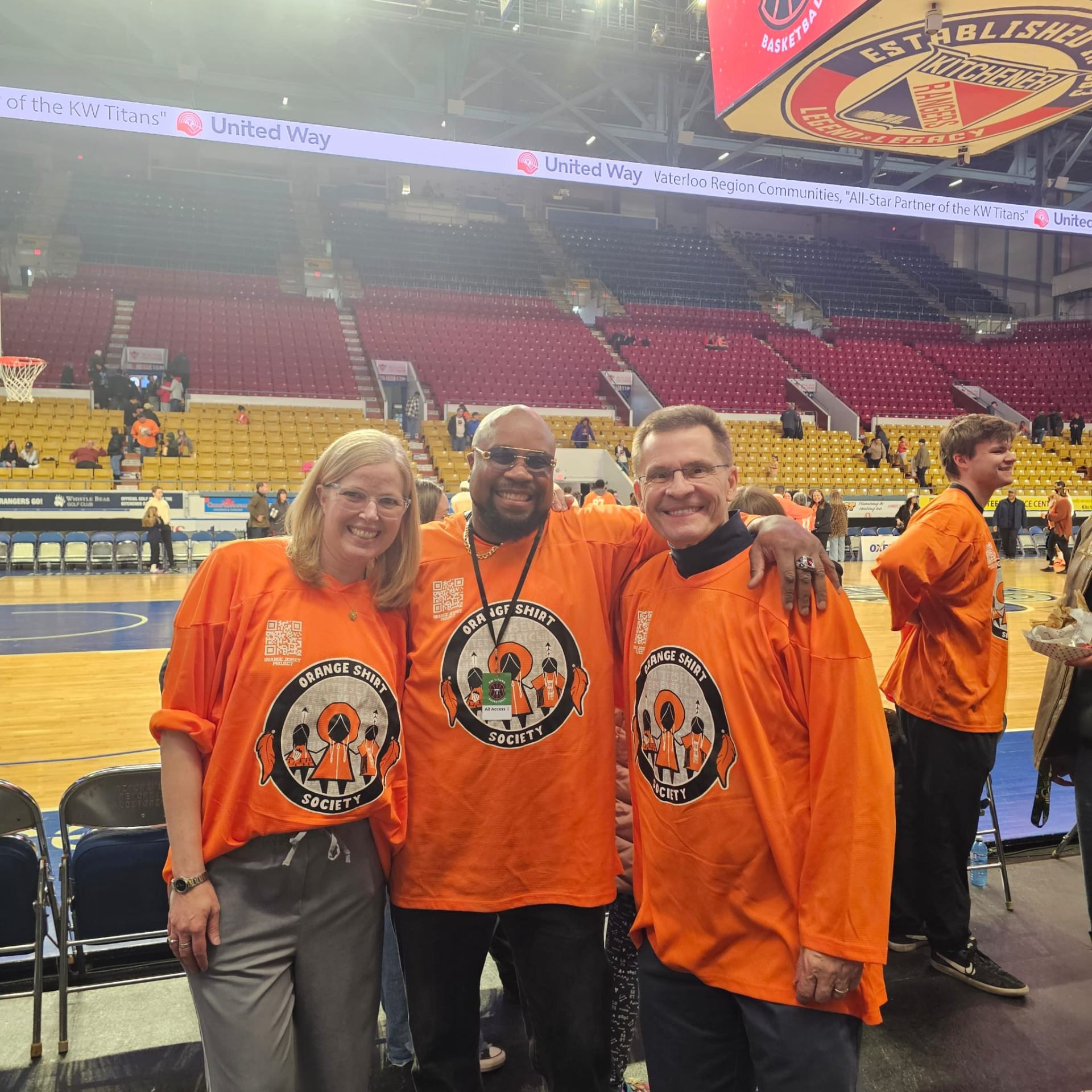 Fitz courtside at The Aud with Orange Shirt Society community leaders during a KW Titans Every Child Matters game